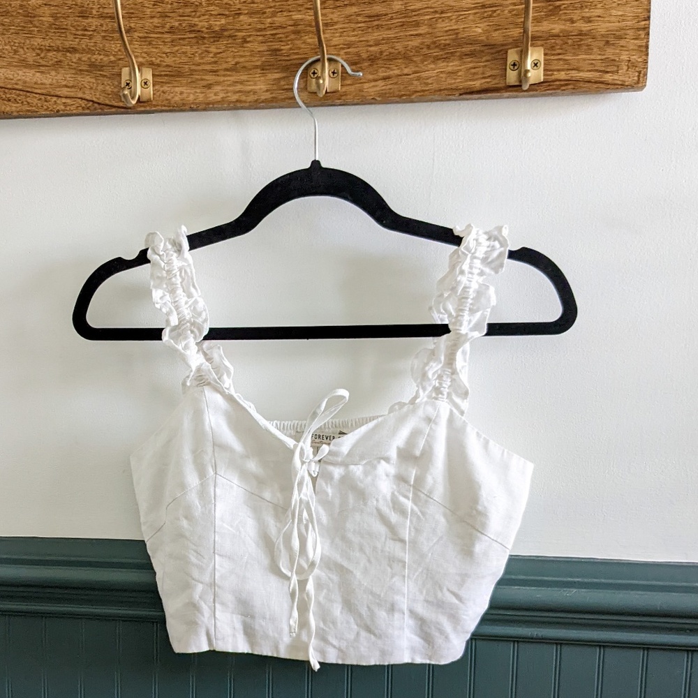 White linen crop top with ruffle straps